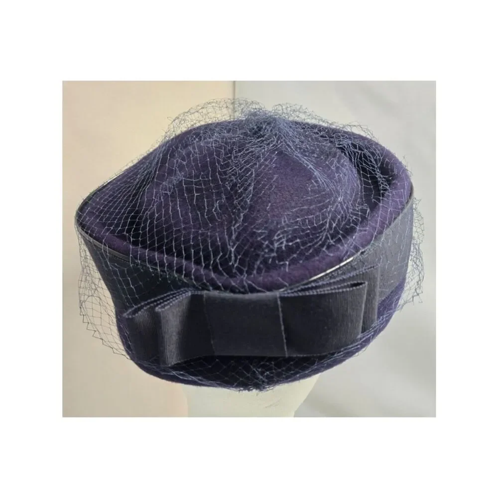 Vintage Glenover Hat Ribbon Veil pillbox Navy Blue Felt formal derby party
